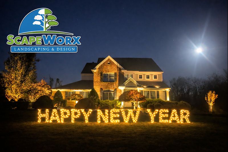 Happy New Year From ScapeWorx! Exterior landscape lighting illuminating a Glen Mills home at night installed by ScapeWorx Landscaping & Design