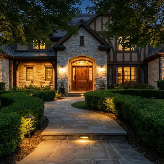 ScapeWorx landscape lighting illuminating front walkway and stone entryway at night